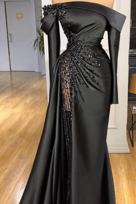 black evening dresses 2022 long sleeve boat neck beaded modest mermaid evening gown vestido de longo 2023