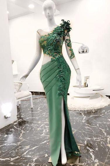 long sleeve green evening dresses 2022 mermaid lace applique modest elegant beaded evening gown vestido de longo 2023