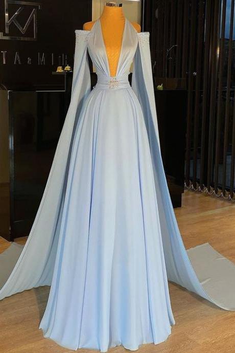Blue Prom Dresses Long Chiffon Beaded Dubai Fashion Elegant A Line Prom Gown Robe De Soiree