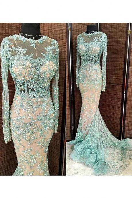 long sleeve blue evening dresses 2023 lace applique beaded mermaid modest sexy formal evening gown 2022 robe de soiree
