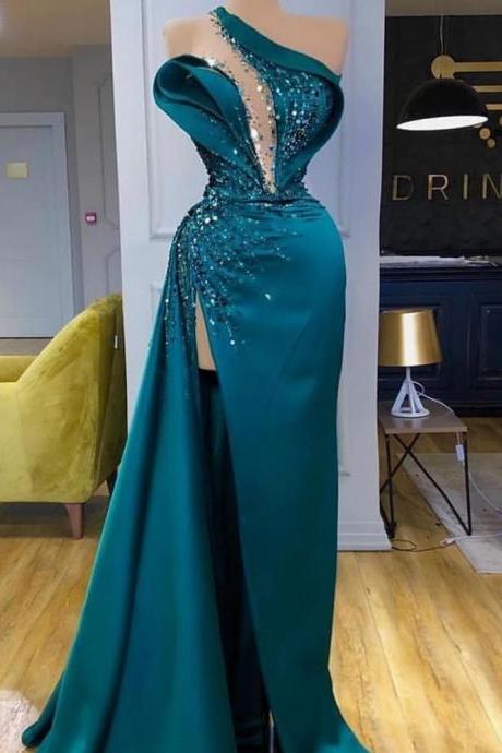 teal blue beaded evening dresses long one shoulder crystal mermaid modest satin elegant evening gown 2022 vestido de longo 2023