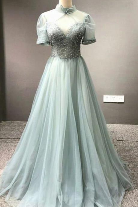 Sage Green Prom Dresses 2024 Long Vintage High Neck Short Sleeve Beaded Chiffon A Line Prom Gown Robe De Soiree 2023