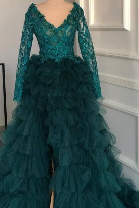 hunter green lace applique prom dresses 2022 vintage v neck tiered tulle modest elegant beaded prom gown 2023 ball gown