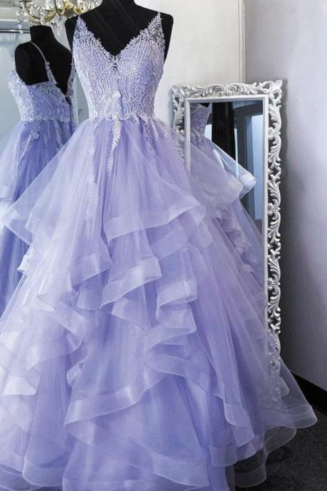 purple tiered prom dresses lavender lace applique v neck elegant simple cheap prom gown for women robe de cocktail