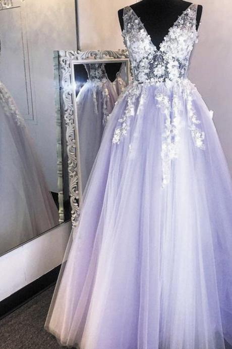 Handmade Flowers Purple Prom Dresses 2024 Sleeveless V Neck Lace Applique Tulle Lavender Senior Prom Gown 2023 Abendkleider