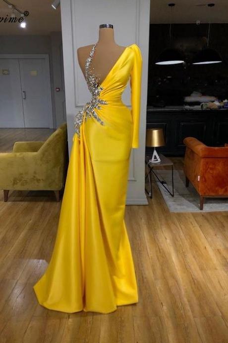 Modest Evening Dresses Long Sleeve One Shoulder Yellow Beaded Mermaid Elegant Real Photo Evening Gown Vestido De Fiesta