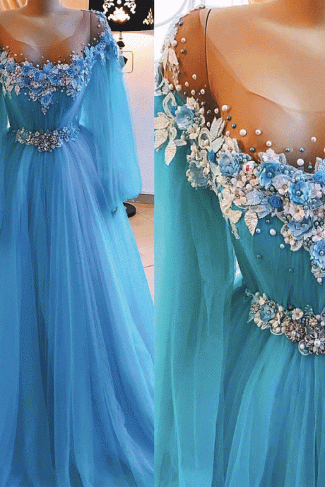 flare sleeve blue prom dresses 2023 3d flowers elegant beaded prom ball gown robe de soiree 2022