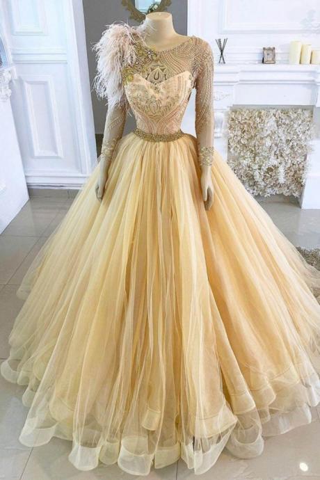 luxury prom dresses robes de cocktail beaded applique feather yellow tulle prom ball gown pageant dresses for women sweet 16 dresses