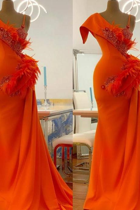 Red Evening Dresses Long Beaded Applique Feather Mermaid Elegant Simple Modest Formal Evening Gown Vestido De Fiesta