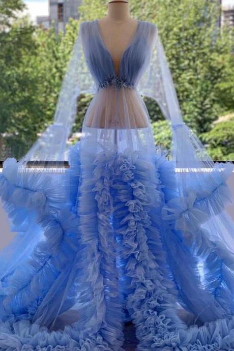 Pregnant Blue Tulle Prom Dresses Long Flare Sleeve Sexy Plus Size Simple Prom Gown For Baby Picture Shoot Vestido De Longo