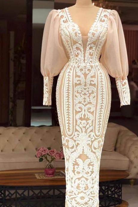 Abendkleider Modest Lace Applique Evening Dresses Long Sleeve Mermaid Elegant Luxury Formal Evening Gown Robe De Soiree