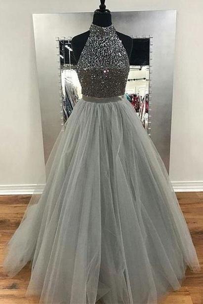 Silver Prom Dresses 2023 High Neck Beaded Sleeveless Tulle 2024 Elegant A Line Prom Gown Vestido De Fiesta Robe De Soiree