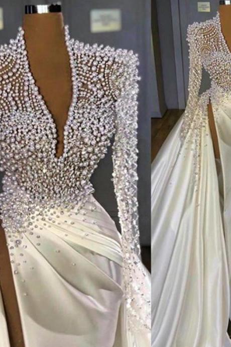 white prom dresses new fashion luxury high neck beaded elegant deep v neck evening gown custom make vestido de longo 