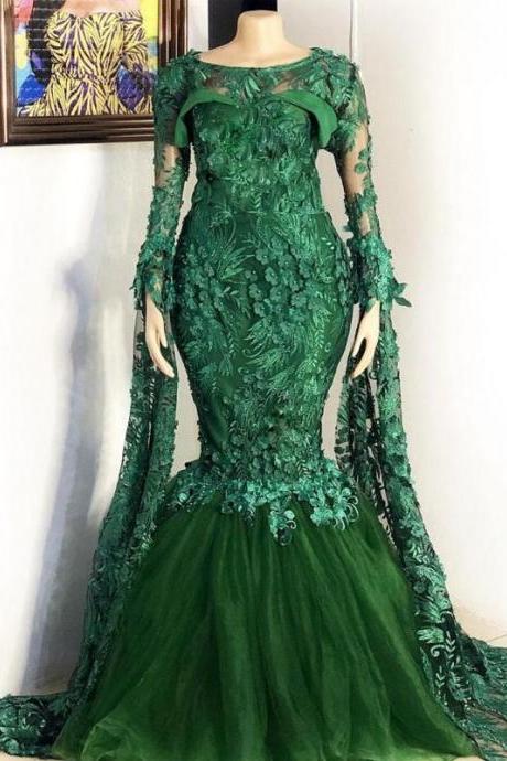 green lace applique evening dresses for women 2022 vestido de fiesta 3d flowers modest elegant dubai fashion formal evening gowns custom make 2023
