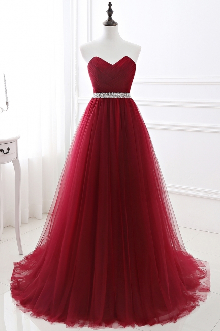 simple burgundy beaded prom dresses sweetheart neck a line tulle cheap simple prom gowns vestido de fiesta de longo
