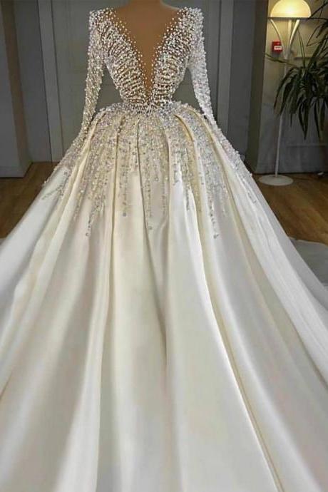 luxury white prom dress ball gown peals beaded modest long sleeve elegant prom gowns vestido de fiesta de longo