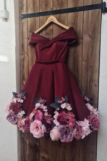 burgundy prom dresses short handmade flowers cheap homecoming dresses vestido de graduacion