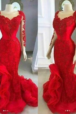 abendkleider modest luxury red evening dresses long sleeve v neck mermaid lace applique elegant formal wear vestido de fiesta 