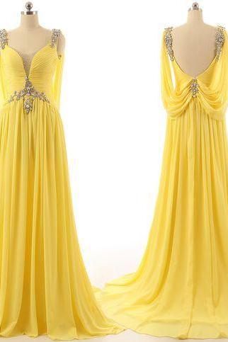 abendkleider yellow prom dresses long chiffon beaded a line sleeveless elegant prom gowns vestido de fiesta de Longo