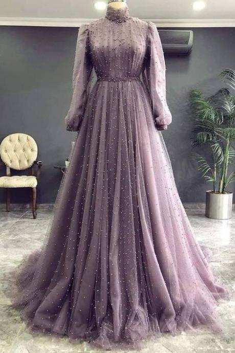 high neck vintage prom dresses long sleeve beaded a line elegant luxury prom gowns vestido de fiesta de longo 2021 