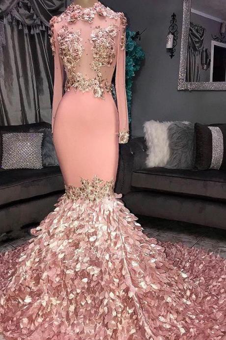 rose pink evening dresses long sleeve high neck feather lace applique beaded modest formal wear vestidos de fiesta 2021 