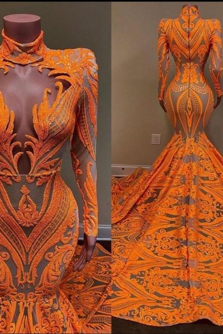 luxury lace applique evening dresses long sleeve high neck modest sparkly elegant orange formal wear vestido de fiesta 