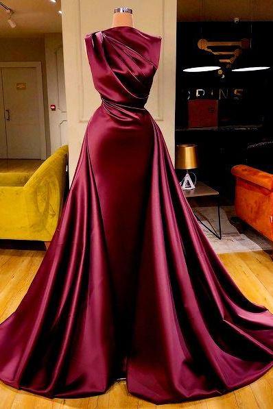 Burgundy prom dresses with detachable skirt vintage satin elegant prom gowns