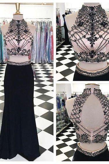 black high neck evening dresses long mermaid modest beaded elegant cheap crystal formal wear vestido de longo 2021