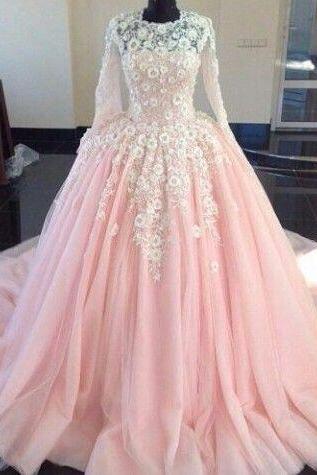 long sleeve pink prom dresses 2021 lace applique 3d flowers elegant princess prom gowns vestido de longo