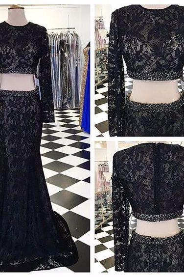 modest black evening dresses long sleeve lace applique beaded 2 piece elegant formal evening gown vestidos de fiesta 