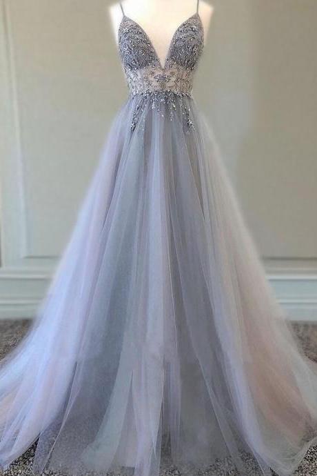 spaghetti strap prom dresses long tulle beaded gray sexy elegant prom gown robe de soiree vestidos de fiesta