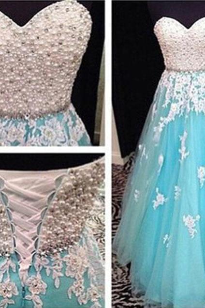 ice blue prom dresses long sweetheart neck beaded peals Lace Applique elegant cheap prom gowns robe de soiree