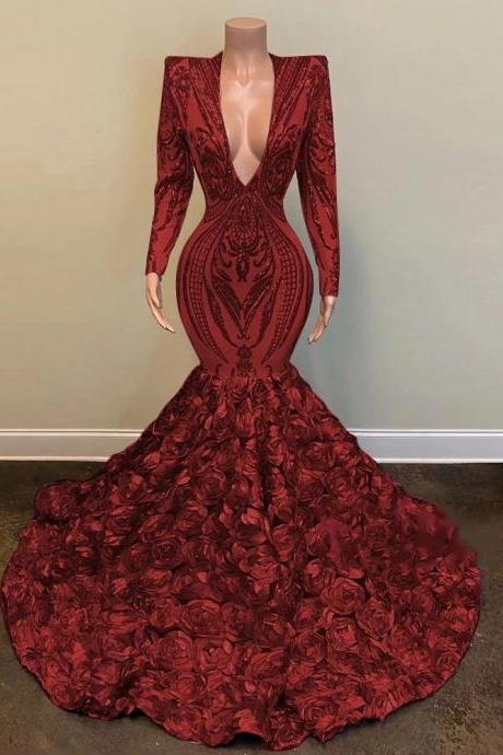 long sleeve burgundy evening dresses sparkly luxury mermaid modest sequins Applique 3d flowers formal evening gown robe de soiree