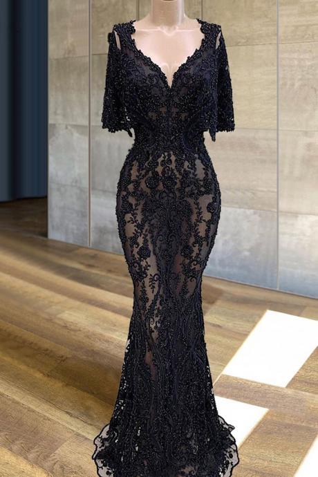 Black Beaded Evening Dresses Long Mermaid Short Sleeve V Neck Elegant Modest Luxury Formal Evening Gown Vestidos De Fiesta