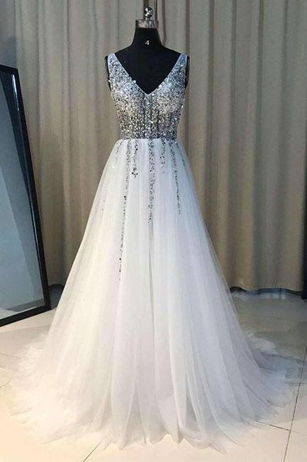 v neck white prom dresses long tulle beaded sparkly elegant simple prom gowns robe de soiree 2022 vestidos de fiesta 