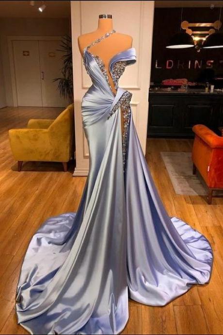 blue beaded evening dresses 2021 crystals mermaid modest luxury elegant sexy formal evening gown robe de soiree
