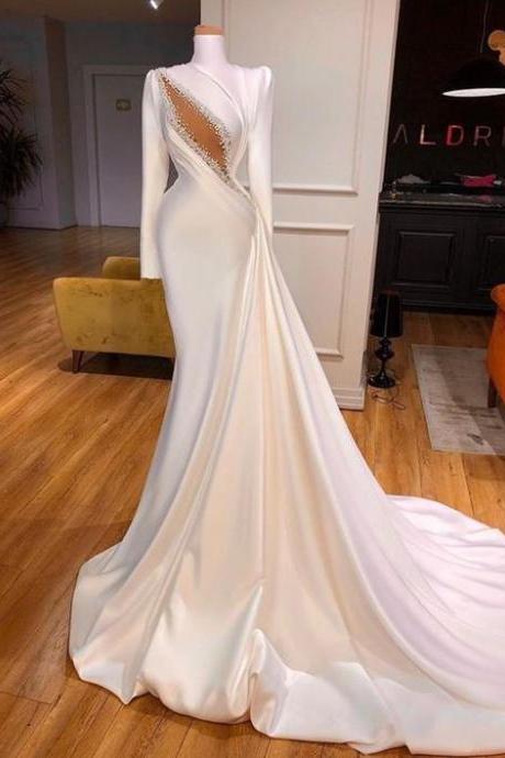 Modest White Evening Dresses Long Sleeve Mermaid Beaded Peals Elegant Luxury Formal Dresses Vestido De Fiesta
