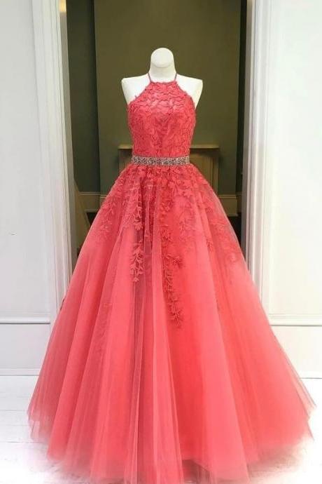 halter coral prom dresses 2021 beaded tulle elegant lace applique cheap long prom gowns 2022 vestido de festa de longo 