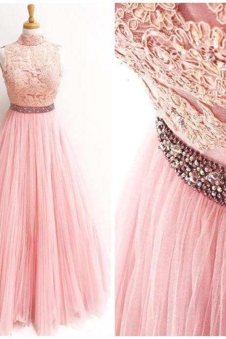 2022 high neck dusty pink prom dresses long tulle lace applique beaded elegant a line cheap prom gowns vestido de longo de fiesta 2021