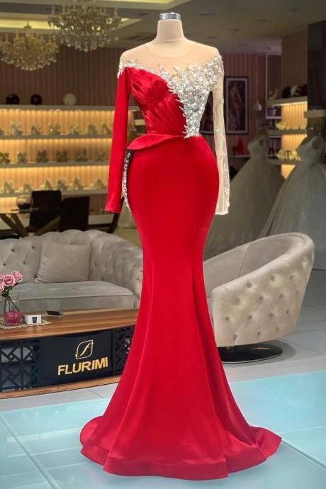 long sleeve red evening dresses 2021 beaded applique mermaid modest elegant cheap evening gown 2022 vestido de fiesta de longo