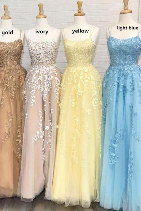 lace applique prom dresses blue elegant spaghetti strap cheap a line simple senior prom gown vestido de longo