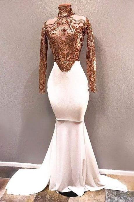 high neck sparkly evening dresses long sleeve mermaid sequin applique modest elegant luxury formal party dresses vestido de fiesta 2022