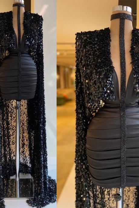 luxury black evening dresses long sleeve sparkly sequin modest mermaid sexy formal party dresses robe de soiree 2022 