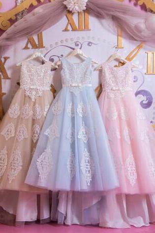 lace applique flower girl dresses for weddings kids prom gown vestido de novia elegant sleeveless cheap baby girl dresses 