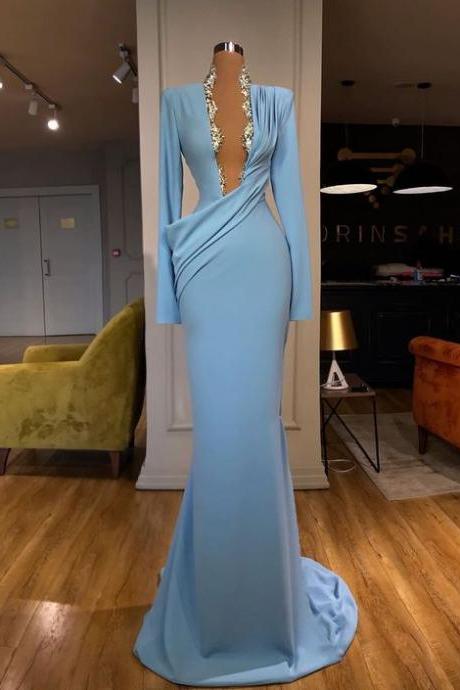 long sleeve modest evening dresses 2022 blue elegant lace applique beaded mermaid cheap formal party dresses vestidos de fiesta 