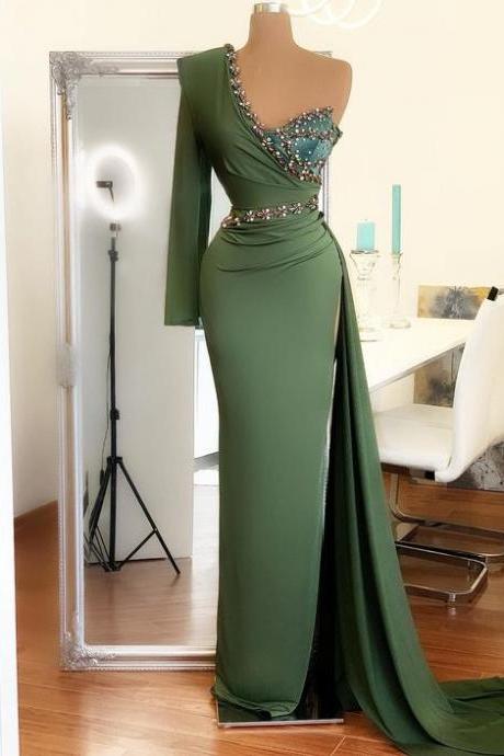 one shoulder green evening dresses 2022 sweetheart neck beaded modest mermaid elegant evening formal gown vestidos de fiesta 