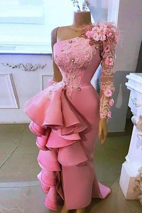 Pink Evening Dresses Long Sleeve Mermaid Feather Beaded Lace Applique Modest Elegant Formal Dresses Robe De Soiree
