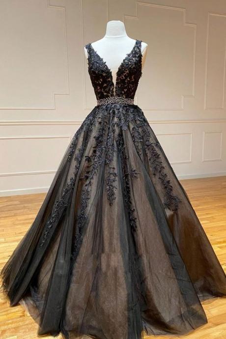 elegant v neck prom dresses long lace applique sleeveless black beaded cheap prom gown pageant dresses for women vestidos de fiesta