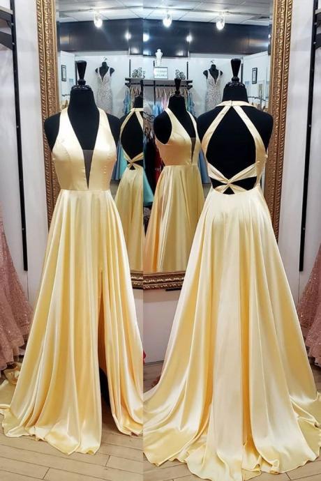 yellow prom dresses long satin halter cheap a line senior prom gown robe de soiree 2022