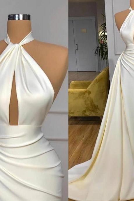 off white evening dresses long halter satin simple elegant cheap formal party dresses vestidos de fiesta 2022 